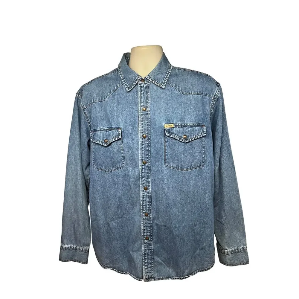 Levis Sawtooth Western Blue Mens Denim Snap Up Shirt Large Flap Pockets Cotton